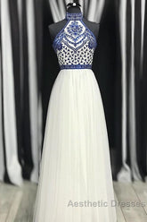 Halter Scoop Neck Tulle Floor-Length Evening Prom Dresses